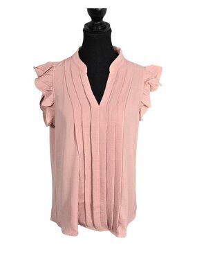 NWT | KIRUNDO Dusty Rose Pintuck Flutter Sleeve Split V Neck Blouse | Medium